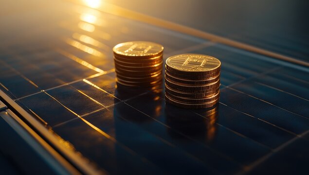 Stacks of gold coins on solar panels, bathed in warm light