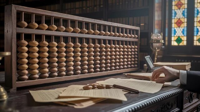 Experienced accountant calculating financial metrics using large wooden abacus in vintage office with antique furniture and stained glass surroundings