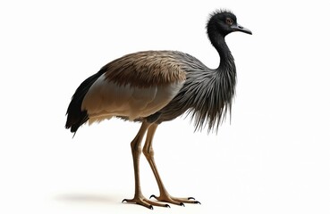 Obraz premium Full-body profile greater rhea bird isolated on white background. Displays plumage, long legs. South American avian wild animal stands alone. Nature fauna zoology.