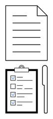Blank document, clipboard with checklist and checkmarks, and pen for writing. Ideal for planning, organization, goal setting, productivity, office tasks, task tracking and a simple landing page