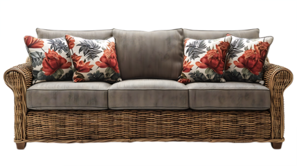 Inviting sofa with blue and ivory cushions isolated on transparent background