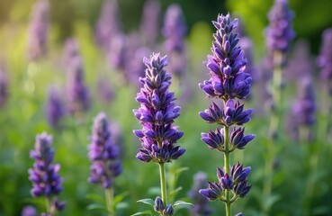 Obraz premium Close-up of blooming sage flowers in garden. Purple floral plants, natural background, green leaves. Summer season outdoor landscape, botany, gardening, herbal medicine, fresh flowers, peaceful mood.