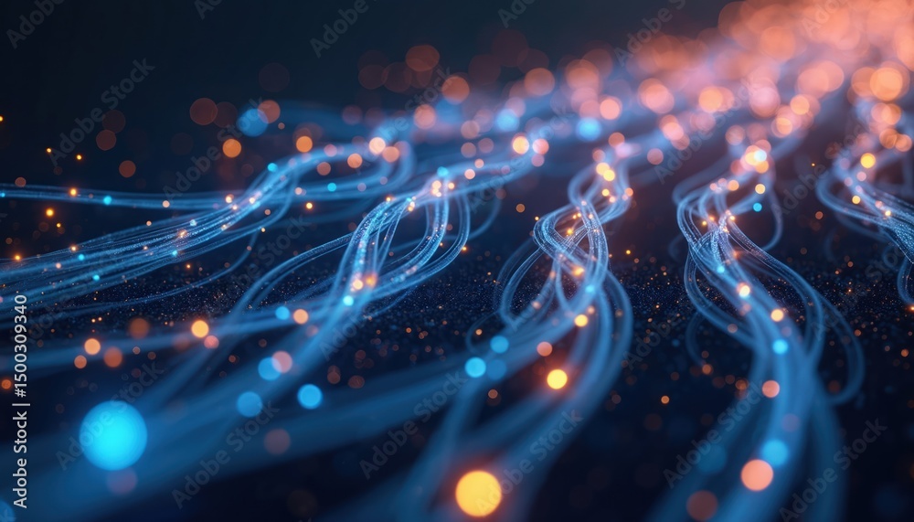 Poster abstract illustration fiber optic cables with light dots. mesmerizing pattern of lines, curves, tech