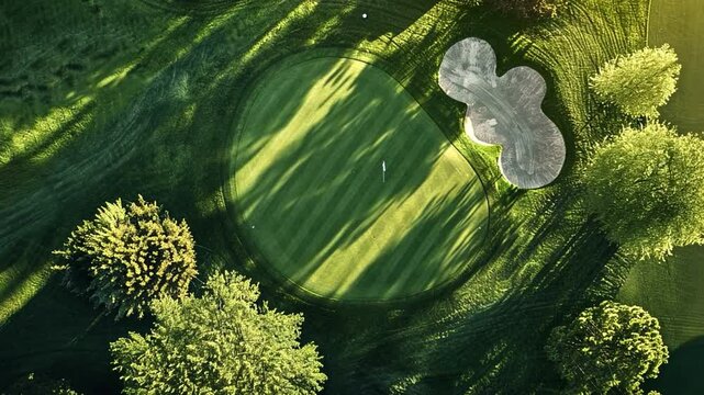Aerial view of serene golf course green surrounded by trees, highlighting sand traps and long shadows, showcasing beauty of landscape and inviting relaxation in nature.