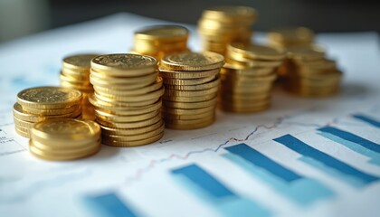 Stacks of gold coins on financial documents, charts represent financial growth, investment portfolio. Money, capital, profit, wealth management. Economic success concept.