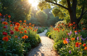 Scenic view of Portland Botanic Gardens in Victoria Australia. Tourist attraction shows path, vibrant flowers, plants. Rich foliage, bright sunlight. Ideal for travel, landscape, nature, tourism,