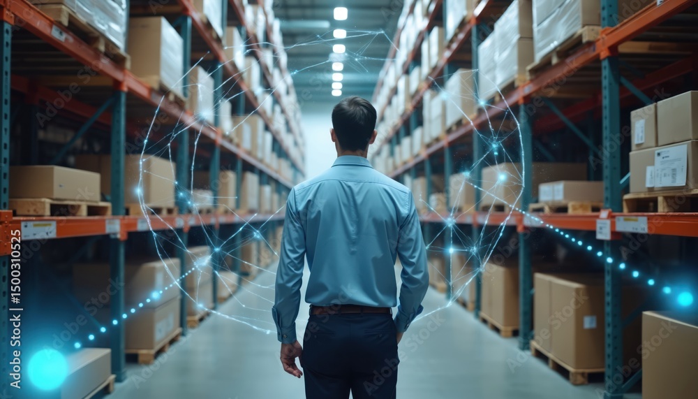 Poster man explores tech-enhanced warehouse. ai, iot devices, wifi 7 tech streamline inventory. pro, manage