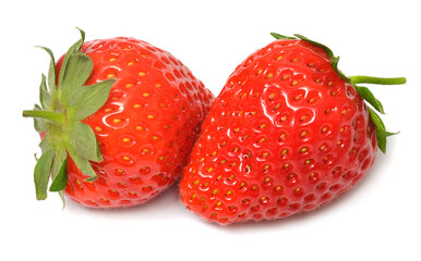 Two strawberries macro isolated on white background