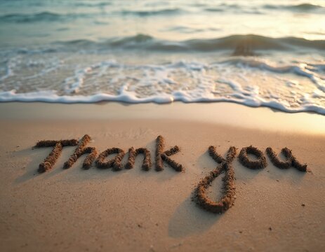 Text THANK YOU written in sand on beach. Message of gratitude and appreciation near ocean sea water waves. Concept, conceptual, huge thank you text written in the sand during sunset at the coast.