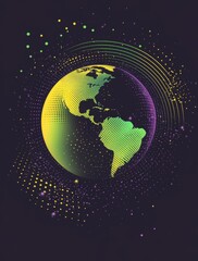 planet Earth illustration, dots, and stars on black background. Gradient color scheme in yellow, green, and purple for space, astronomy, and futuristic design concepts.