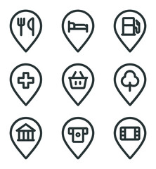 Map Marker Icons. Outline icon set of map markers: restaurant marker, hotel marker, gas station marker, hospital marker, grocery