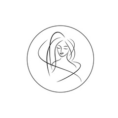 girl round logo made of thin lines in flat style. young woman minimalist brush drawing, sketch made of delicate lines. icon motherhood, beauty salon, cosmetology