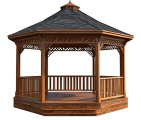Octagonal wooden gazebo with dark roof (6)