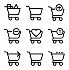 Shopping Cart Icons. Outline icon set of shopping cart actions: full cart, empty cart, add to cart, remove from cart, saved items,