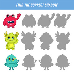 Find correct shadow of cute monsters. Educational logical game for kids. Halloween game. Cartoon monsters. Vector
