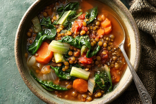 Hearty lentil soup with vegetables in a bowl.
