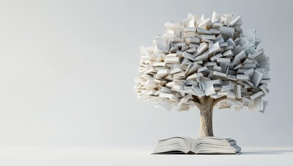 Books forming a tree, open book below