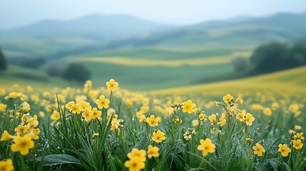 Obraz premium Cowslip Primula veris yellow blooms dotting dewy spring meadow soft rolling hills in the distance delicate wildflower scene with warm natural light