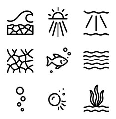 Fototapeta premium Ocean Light Icons. Outline icon set of sunlight filtering through wave surface: wave crest, caustic pattern, sunbeam, sand bottom,