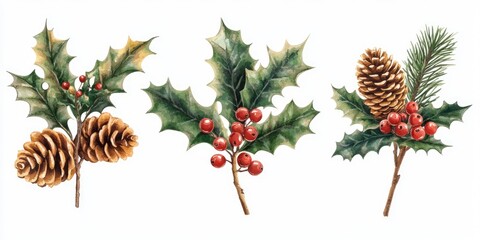 Watercolor illustration of three sprigs of holiday greenery, featuring holly leaves, pine cones, and red berries