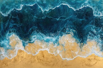 Aerial view of ocean waves crashing on a golden beach