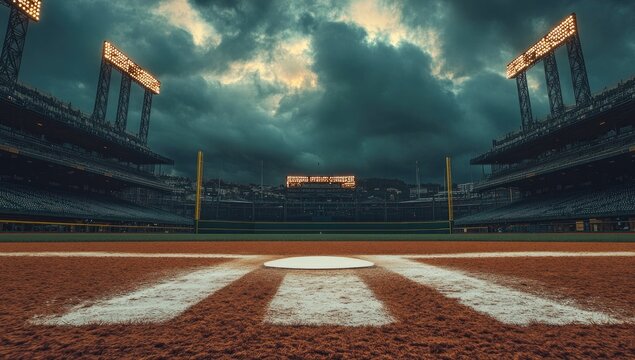 Empty baseball field under dramatic sky