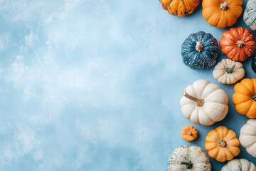 Colorful pumpkins arranged on a light blue surface