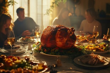 Family gathers around roasted turkey dinner