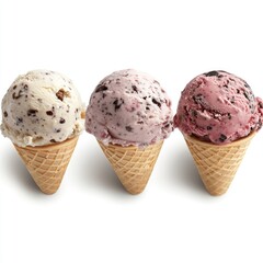 Three scoops of ice cream in waffle cones