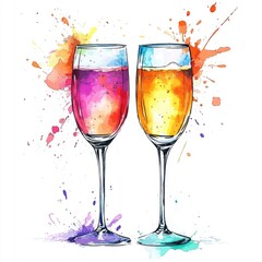 Two colorful cocktails in glasses, surrounded by watercolor splashes