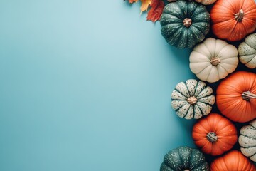 Pumpkins and leaves border a light-blue background