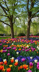 Enchanting tulip garden beneath the trees blossoms in vibrant spring colors