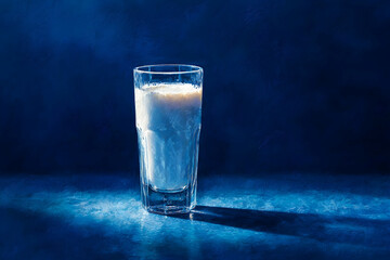 A glass of milk on a dark surface.