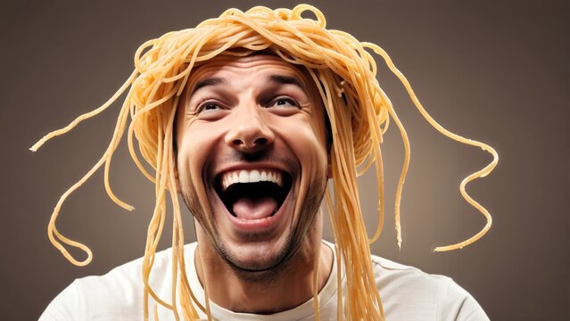 Man Laughing with Spaghetti on Head