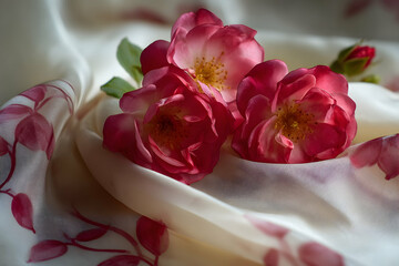 Delicate pink roses resting on a flowing cream silk fabric.