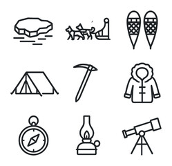 Obraz premium Polar Expedition Icons. Outline icon set of polar expeditions: ice floe, sled dog team, snowshoes, cold-weather tent, ice axe, fur