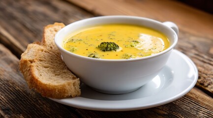 Creamy Broccoli Cheese Soup in a White Bowl with Bread