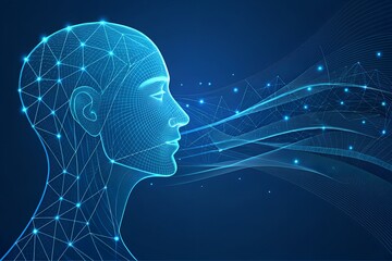 Obraz premium Digital human head profile with data stream flowing