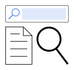 Magnifying glass over document, search bar with icon. Ideal for research, data organization, discovery, information access, investigation, navigation and educational tools. Flat simple metaphor