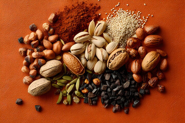 Assorted nuts and spices arranged on an orange background.