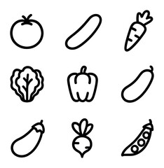 Vegetable Icons Grid. Outline icon set of vegetables: tomato, cucumber, carrot, lettuce, pepper, zucchini, eggplant, radish, pea.