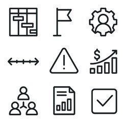 Project Task Icons. Outline icon set of project management tasks: gantt chart, milestone flag, resource icon, timeline arrow, risk