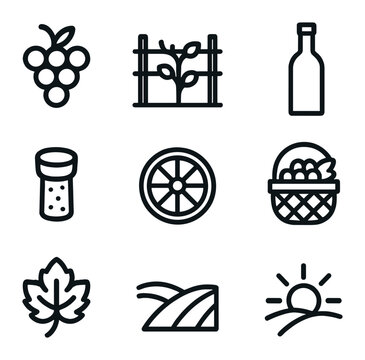 Vineyard Bike Icons. Outline icon set of vineyard bike excursion: grape cluster, vine trellis, wine bottle, cork stopper, bike