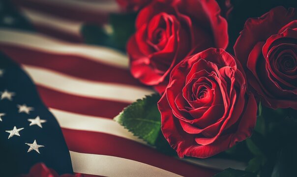 US flag with roses for Memorial Day and Veterans Day. AI generated illustration.
