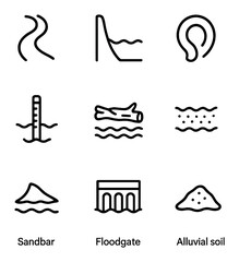 Fototapeta premium River Floodplain Icons. Outline icon set of river floodplains: river bend, levee wall, oxbow lake, flood marker, driftwood,