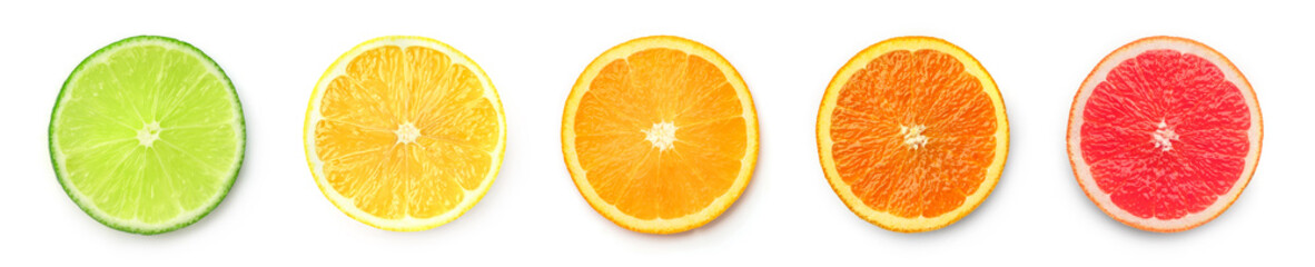 Citrus fruit. Lime, lemon, orange, tangerine, grapefruit, slices isolated on white background. Top view, close up