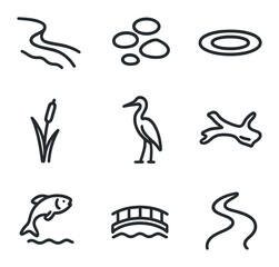 Obraz premium Riverside Walk Icons. Outline icon set of flower festival decorations: garland arch, petal carpet, floral crown, hanging bloom,