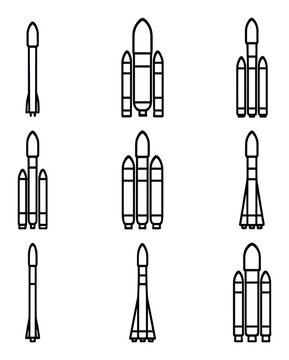 Rocket Icon Grid. Outline icon set of rockets and launch vehicles: Falcon 9, Ariane 5, Space Launch System, Atlas V, Delta IV
