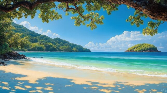 Serene tropical beach with clear turquoise waters, golden sand, lush green hills, and a small island under a bright blue sky with fluffy white clouds, shaded by tree branches