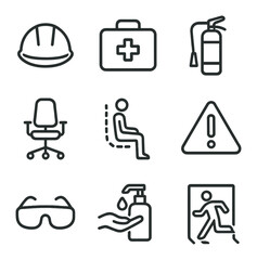 Workplace Safety Icons. Outline icon set of workplace safety & ergonomics: safety helmet, first aid kit, fire extinguisher,